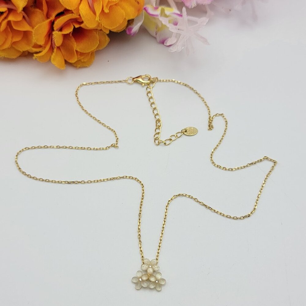 AV 925 Sterling Silver Gold Plated White Crystal Flower Necklace 18" Adj. Dainty
